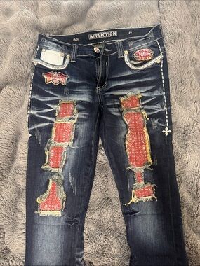 Affliction Jade Dark Wash Skinny Jeans with Red Bandana Insets